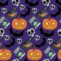 padrão de halloween sem costura com abóbora, chapéu de bruxa, morcegos, livros antigos e caveiras. vetor