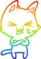gato de desenho animado de desenho de linha de gradiente de arco-íris com braços cruzados vetor