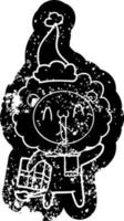 feliz desenho animado ícone angustiado de um leão usando chapéu de papai noel vetor