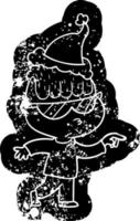 ícone angustiado dos desenhos animados de um menino usando óculos escuros apontando usando chapéu de papai noel vetor