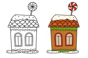 casa de gengibre de natal e caramelo redondo. ilustração de contorno em preto e branco e colorido em um fundo branco vetor