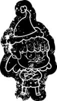 ícone angustiado dos desenhos animados de uma mulher sorridente usando chapéu de papai noel vetor