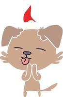 ilustração de cor plana de um cachorro com a língua para fora usando chapéu de papai noel vetor