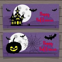 coleção de halloween de banners com casa gótica, abóbora e morcegos no fundo da lua, ilustração vetorial vetor