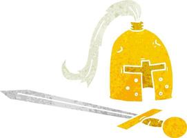 doodle cartoon retrô de um capacete medieval e espada vetor