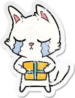 vinheta angustiada de um gato de desenho animado chorando segurando o presente de natal vetor