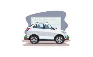 carro suv dos desenhos animados na frente da ilustração vetorial de garagem vetor