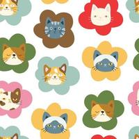 cabeças de gatos coloridos bonitos, rostos de gatinho, padrão sem emenda de vetor. personagens de desenhos animados de animais de estimação gatinho engraçados com emoções, textura para tecido, papel de parede, papel de embrulho, têxtil, roupa de cama, impressão de t-shirt vetor