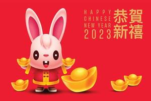 saudação do ano novo chinês 2023. coelho de desenho animado detém lingotes de ouro com alguns lingotes de ouro no chão. design de banner de tema de ano novo vermelho vetor