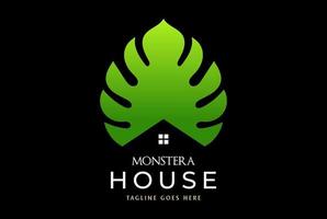 folha de monstera verde tropical com casa para pousada resort cabana chalé longue bangalô chalé hotel ou design de logotipo de spa de bem-estar