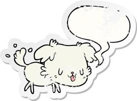 adesivo bonito cachorro de desenho animado abanando o rabo e bolha de fala vetor