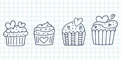 conjunto de elementos de doodle bonitos desenhados à mão sobre o amor. adesivos de mensagem para aplicativos. ícones para dia dos namorados, eventos românticos e casamento. um caderno quadriculado. cupcakes com corações. vetor