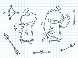 conjunto de elementos bonitos do doodle desenhados à mão sobre o amor. adesivos de mensagem para aplicativos. ícones para dia dos namorados, eventos românticos e casamento. um caderno quadriculado. cupido com halo e asas, flechas e arco. vetor