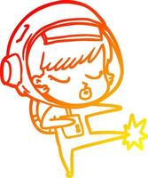 desenho de linha de gradiente quente desenho animado garota astronauta bonita chutando de karatê vetor