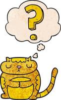 gato de desenho animado com ponto de interrogação e balão de pensamento no estilo de padrão de textura grunge vetor