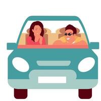 rindo homem e mulher no carro. descanso, conforto, alegria. ilustração em vetor plana de cor.