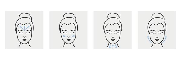 linhas de massagem facial. esquema de massagem linfática. conceito de cuidados com a pele do rosto de mulher. ilustração vetorial vetor