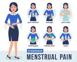 personagem de mulher segura o estômago e sente dor menstrual. infográficos do tratamento da dor menstrual em estilo simples. métodos para tratar a dor de estômago durante o período menstrual. ilustração vetorial vetor