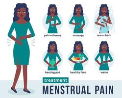 personagem de mulher afro-americana segura o estômago e sente dor menstrual. infográficos de tratamento em estilo simples. métodos para tratar a dor de estômago durante o período menstrual. ilustração vetorial vetor
