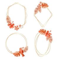 conjunto floral de molduras geométricas douradas com folhas de palmeira tropical aquarela laranja queimada. ilustração vetorial botânica para cartão de convite e decoração vetor