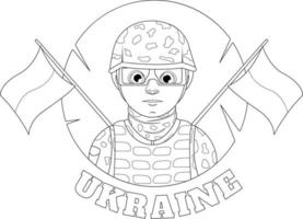 página para colorir. cara militar com a bandeira ucraniana e a inscrição ucrânia vetor