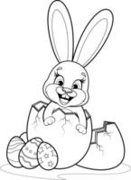 página para colorir. coelho fofo senta-se em um ovo com ovos de páscoa vetor