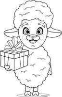 página para colorir. ovelhas alegres, fofas e de desenho animado segurando um presente vetor