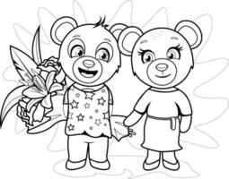 página para colorir. um urso menino alegre e feliz fica perto de uma linda garota urso e segura um buquê de flores vetor