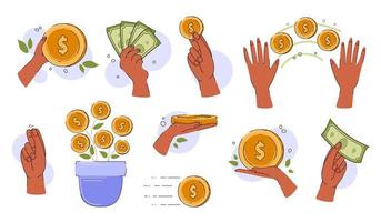 conjunto de ilustração de finanças. assinar mão segurando moedas. transferência de dinheiro, receber, manter o conceito. ilustração em vetor plana.