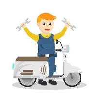 personagem de design de motocicleta de reparo mecânico em fundo branco vetor