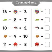 conte e combine, conte o número de capacete de bicicleta, luvas de boxe, boné, vôlei, tênis e combine com os números certos. jogo educativo para crianças, planilha para impressão, ilustração vetorial vetor