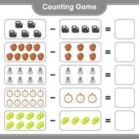 conte e combine, conte o número de luva de beisebol, cronômetro, bola de tênis, haltere, peteca e combine com os números certos. jogo educativo para crianças, planilha para impressão, ilustração vetorial vetor