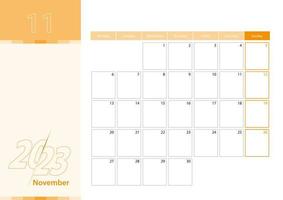 planejador horizontal para novembro de 2023 no esquema de cores laranja. a semana começa na segunda-feira. um calendário de parede em estilo minimalista. vetor