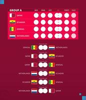 copa de futebol 2022, agrupe um calendário de jogos. bandeiras do catar, equador, senegal, países baixos. vetor