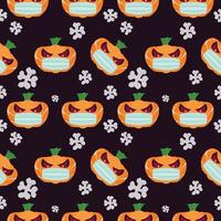 padrão perfeito de abóboras de halloween usando uma máscara em fundo preto, carinhas engraçadas de fantasmas de desenho animado. abóbora laranja com sorriso nas férias de outono ilustração vetorial eps10, covid 19 vetor