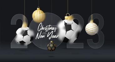 banner de venda de futebol ou futebol 2023 ou cartão de felicitações. feliz natal e feliz ano novo 2023 banner esportivo com efeito de desfoque de morfismo de vidro ou morfismo de vidro. ilustração vetorial realista vetor