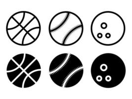 ícones de estilo moderno mínimo de bolas esportivas estão localizados em fundos brancos e pretos. o pacote tem seis ícones. vetor