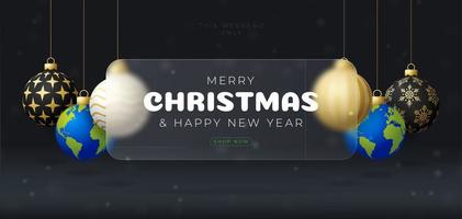 banner de venda de natal do planeta terra ou cartão de felicitações. feliz natal e feliz ano novo banner esportivo com efeito de desfoque de morfismo de vidro ou morfismo de vidro. ilustração vetorial realista vetor