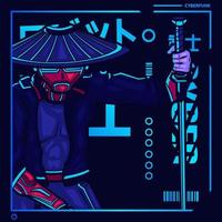 vetor de personagem de ficção samurai cyberpunk. ilustração de design de t-shirt colorida. robô de tradução robô samurai.