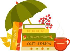 pilha de livro com uma xícara de chá ou café, guarda-chuvas e folhas de outono. conceito de leitura. leitura de outono. eu amo ler o conceito de livraria, biblioteca. ilustração vetorial.