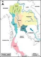 mapa da tailândia inclui as regiões do rio mekong, mun, chi, chao phraya, ping, wang, yum, rio nan, países limítrofes myanmar, laos, camboja, vietnã, golfo da tailândia e mar de andaman. mapa vetorial vetor