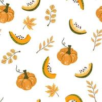 padrão sem emenda de abóboras. outono, outono, ação de graças e decoração de halloween. formas de abóbora com folhas, metade e fatias. perfeito para textura de tecido, têxtil, papel de embrulho, papel de parede. vetor