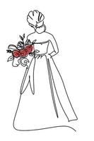 desenho de linha única de um buquê de flores de posse de noiva. desenho de design de conceito para cerimônia de casamento vetor