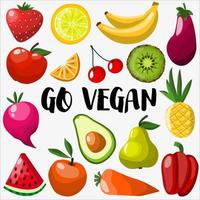 conjunto com frutas e legumes isolados em branco. alimentos orgânicos naturais. conceito vegano. estilo de vida saudável. vetor