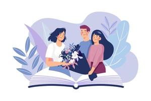 alunos dão buquês de flores para o conceito de ilustração do professor em fundo branco vetor