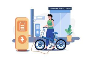 mulher carrega a bicicleta elétrica no centro de veículos eletrônicos vetor