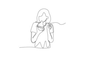 único desenho de uma linha linda garota comendo pizza. conceito de dia mundial da comida. linha contínua desenhar design gráfico ilustração vetorial. vetor