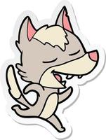 adesivo de um desenho animado correndo lobo rindo vetor