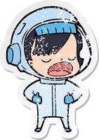 adesivo angustiado de uma mulher astronauta de desenho animado explicando vetor