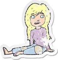 adesivo retrô angustiado de uma garota de desenho animado sentada no chão vetor